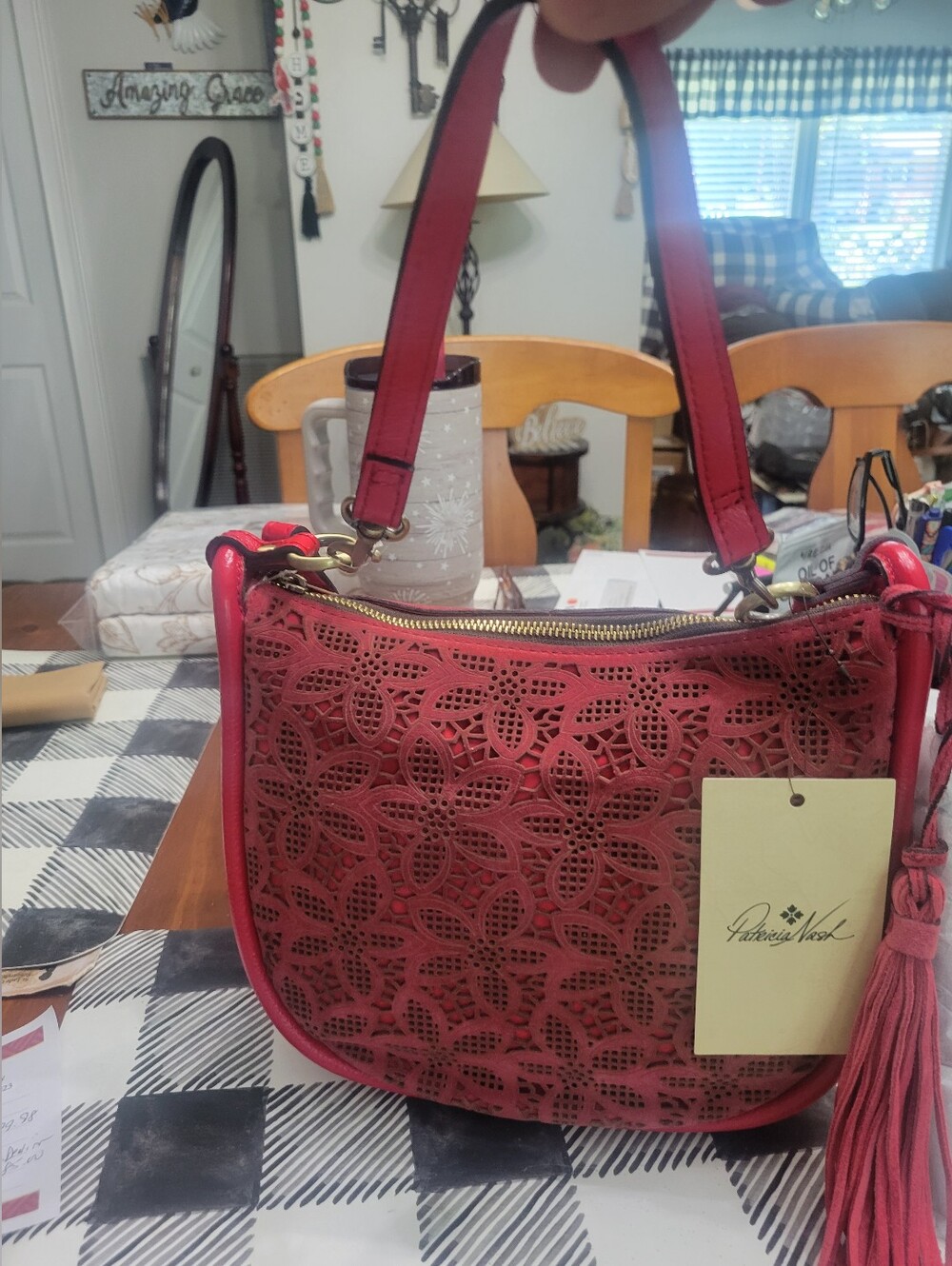 Patricia Nash  Floral  Perforated Suede Leather Calanna Hobo with Tassels